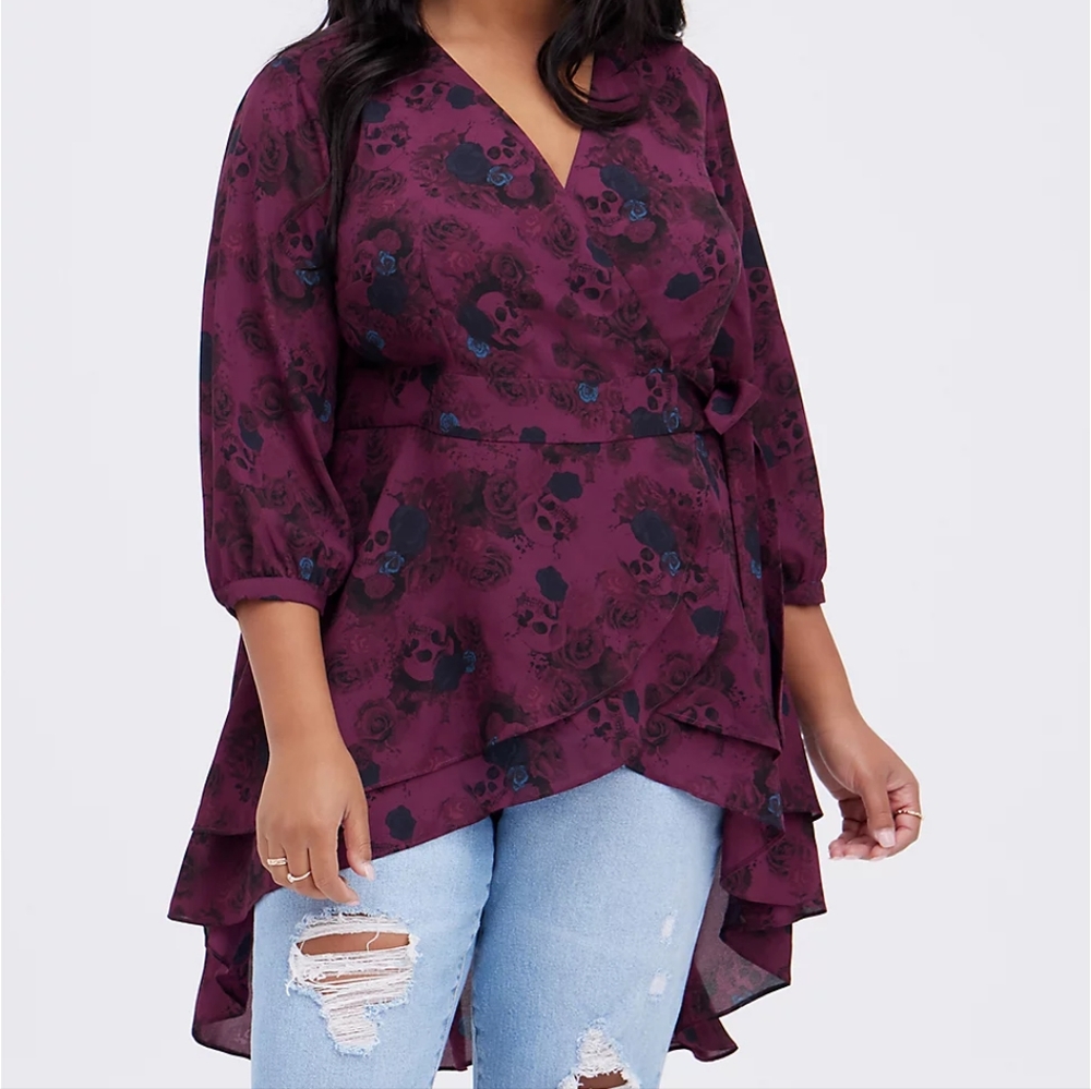 NWT - Georgette Wrap Tunic Blouse - Skulls and Roses